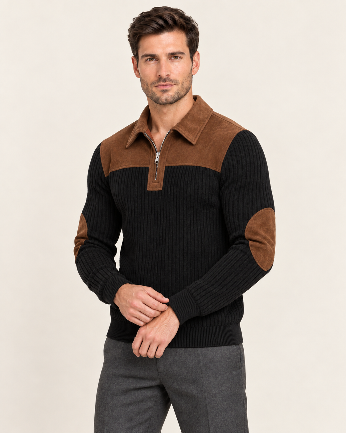 Men's Collared Quarter Zip Jumper with Suede Look Panels in Black
