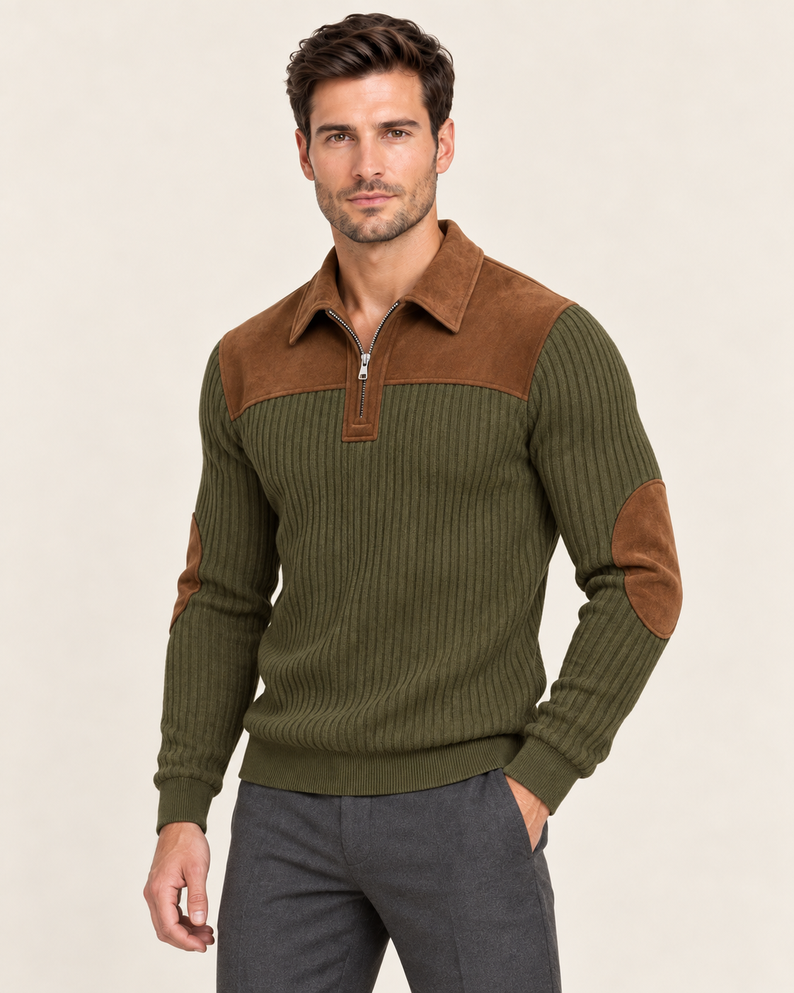 Men's Collared Quarter Zip Jumper with Suede Look Panels in Khaki Green