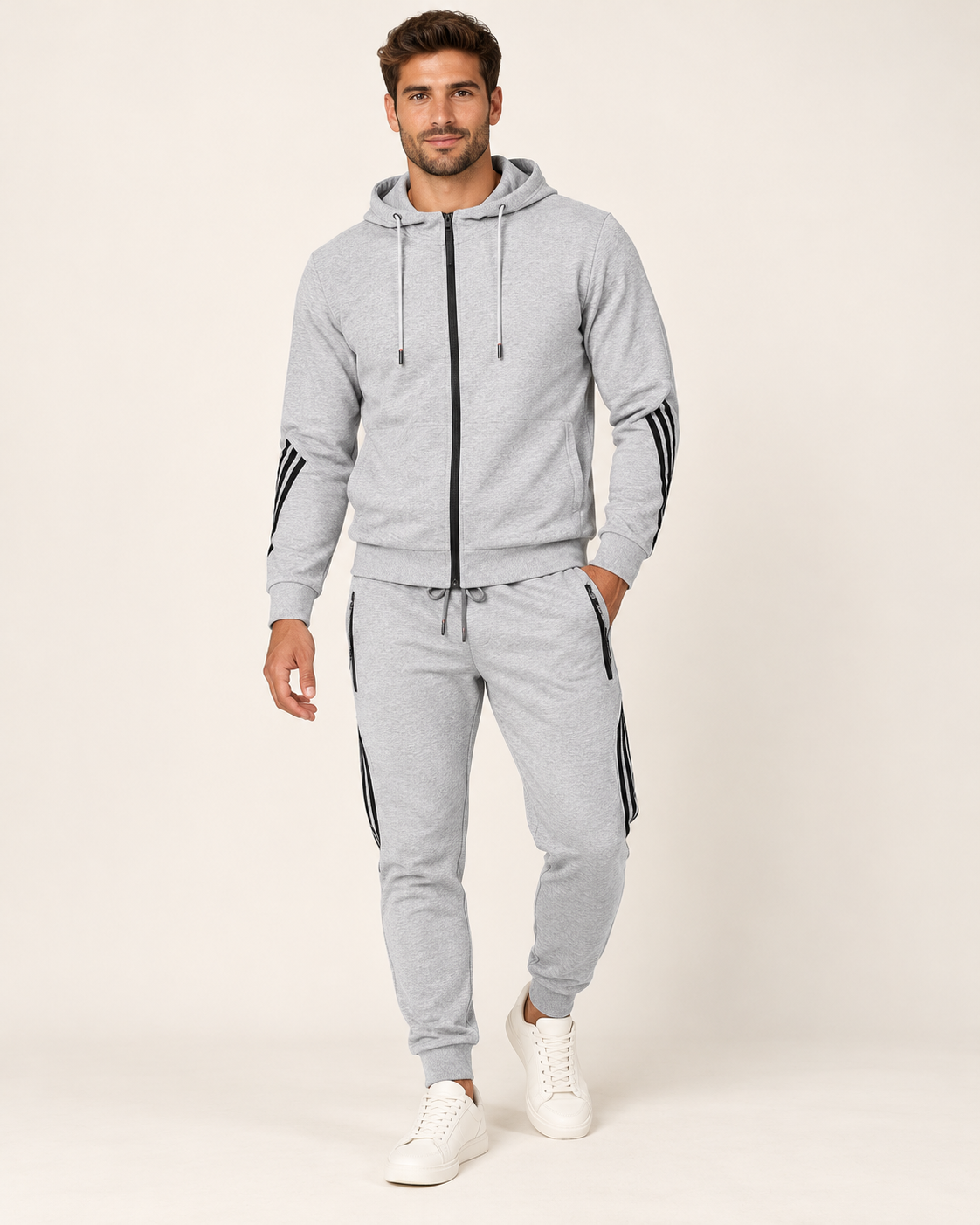Men's Zip Up Hooded Tracksuit Set in Light Grey