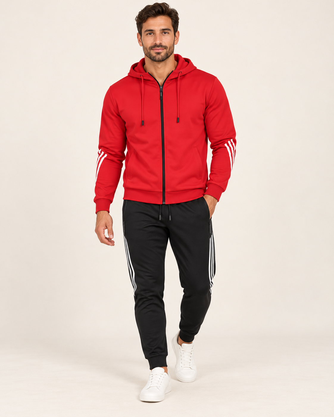 Men's Zip Up Hooded Tracksuit Set in Red