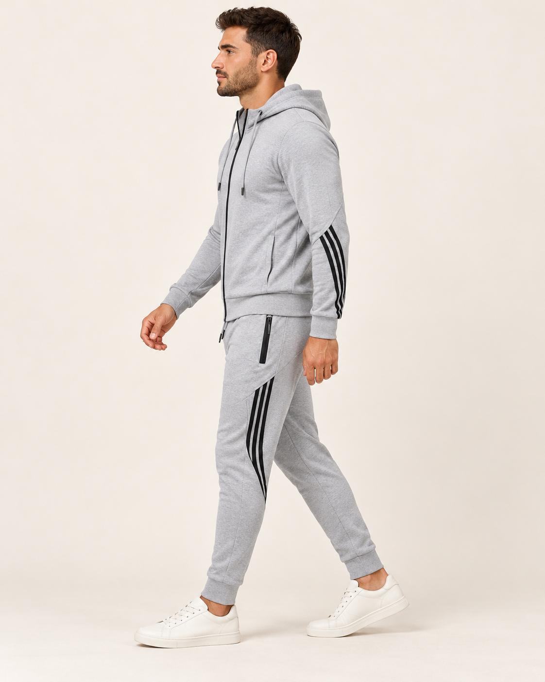 Men's Zip Up Hooded Tracksuit Set in Light Grey, view 2