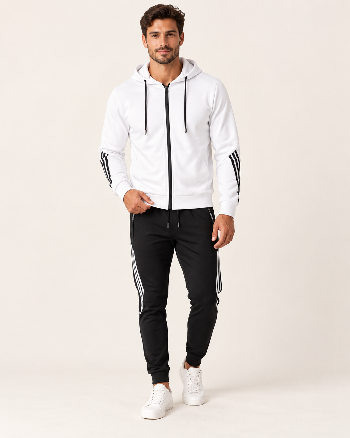 Men's Zip Up Hooded Tracksuit Set in White