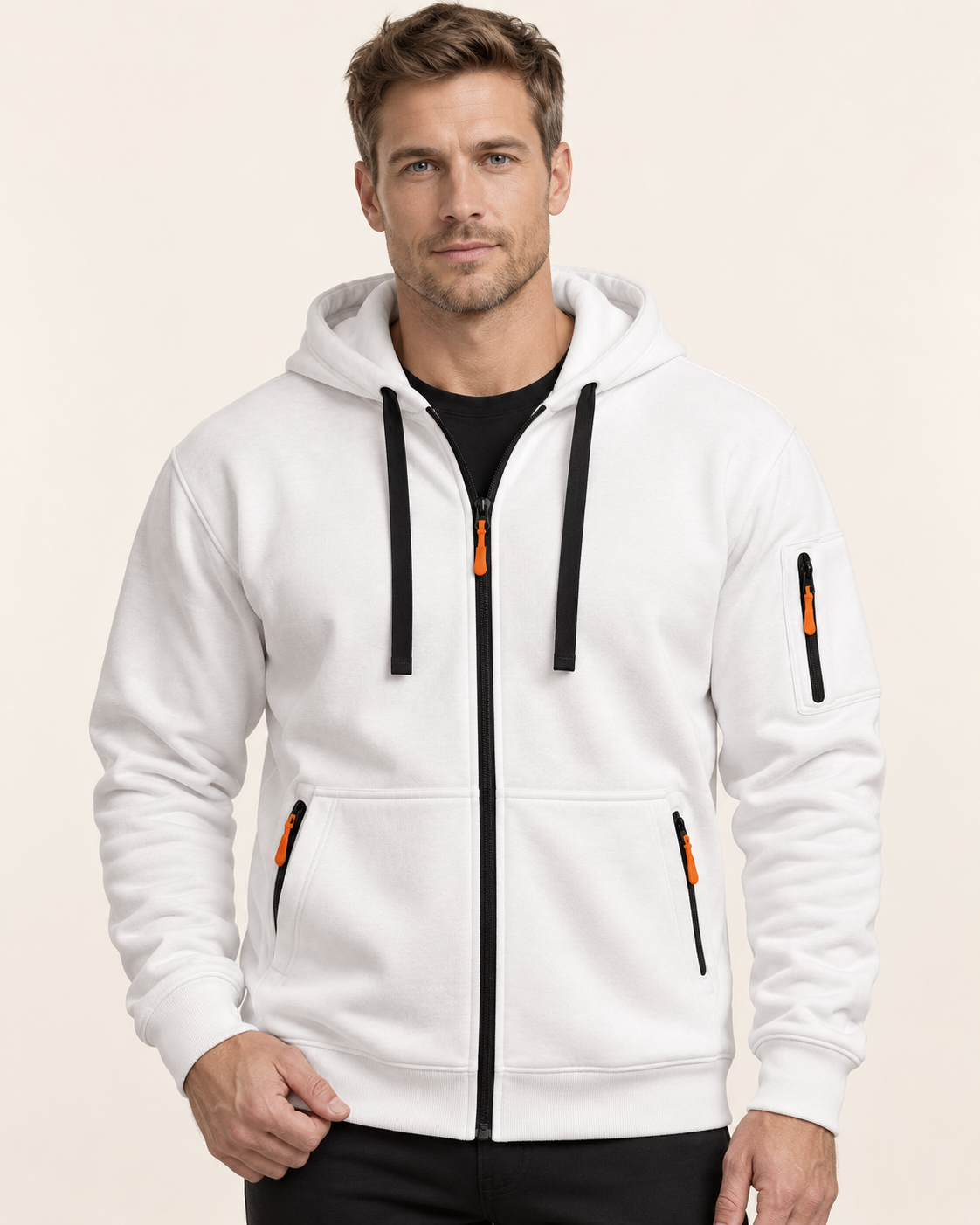 Men's Zip Up Hoodie With Sleeve Pocket in White