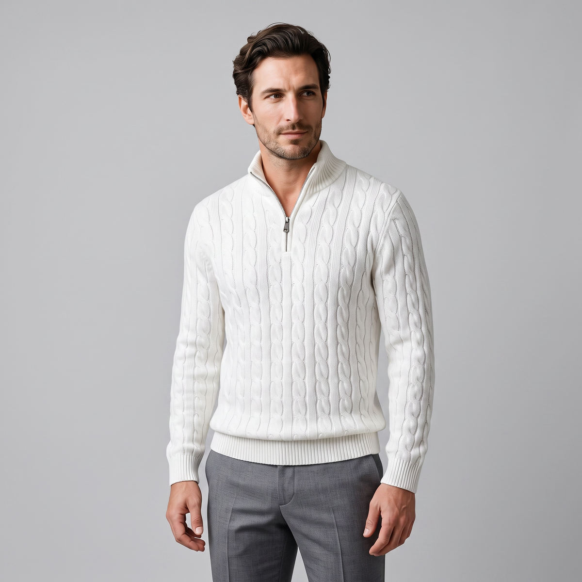 Men's Cable Knit Half-Zip Sweater Textured Knit Long Sleeve Pullover Casual Everyday