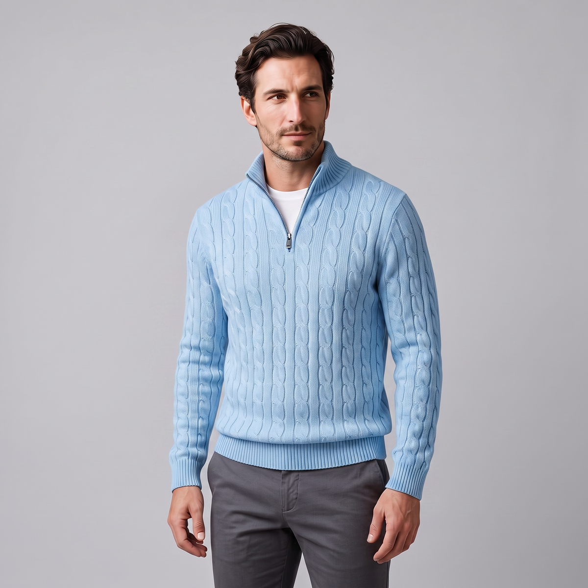 Men's Cable Knit Half-Zip Sweater Textured Knit Long Sleeve Pullover Casual Everyday