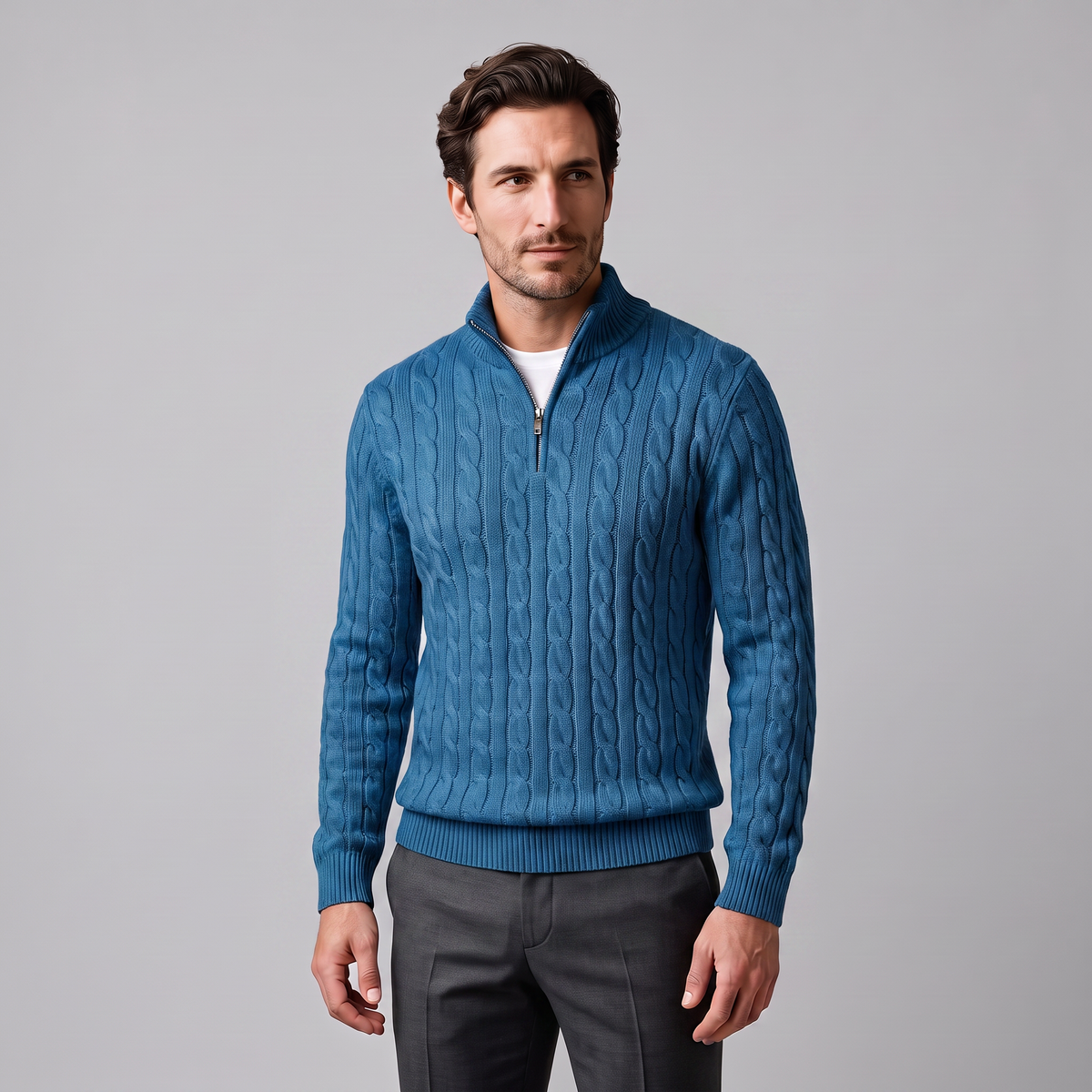 Men's Cable Knit Half-Zip Sweater Textured Knit Long Sleeve Pullover Casual Everyday