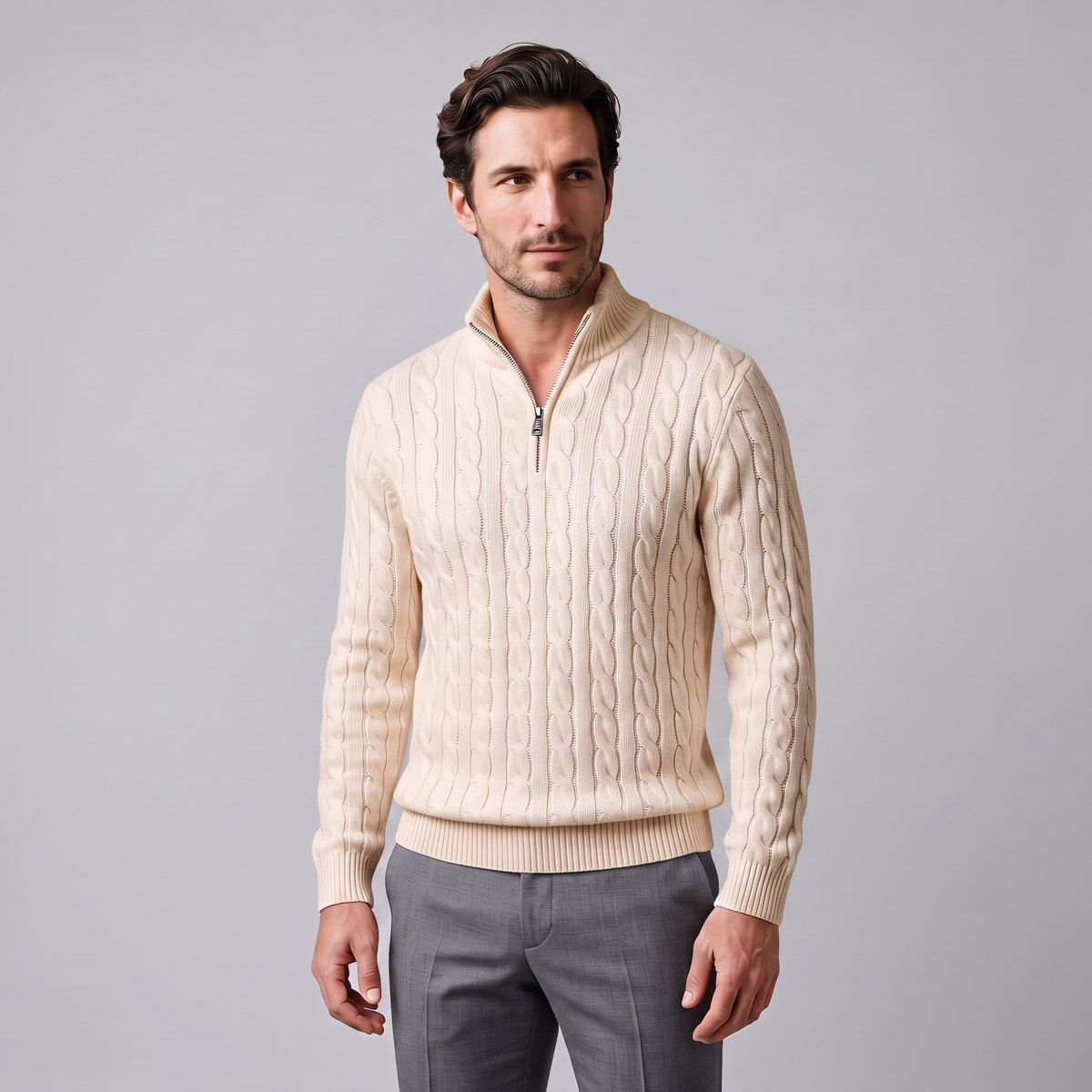 Men's Cable Knit Half-Zip Sweater Textured Knit Long Sleeve Pullover Casual Everyday