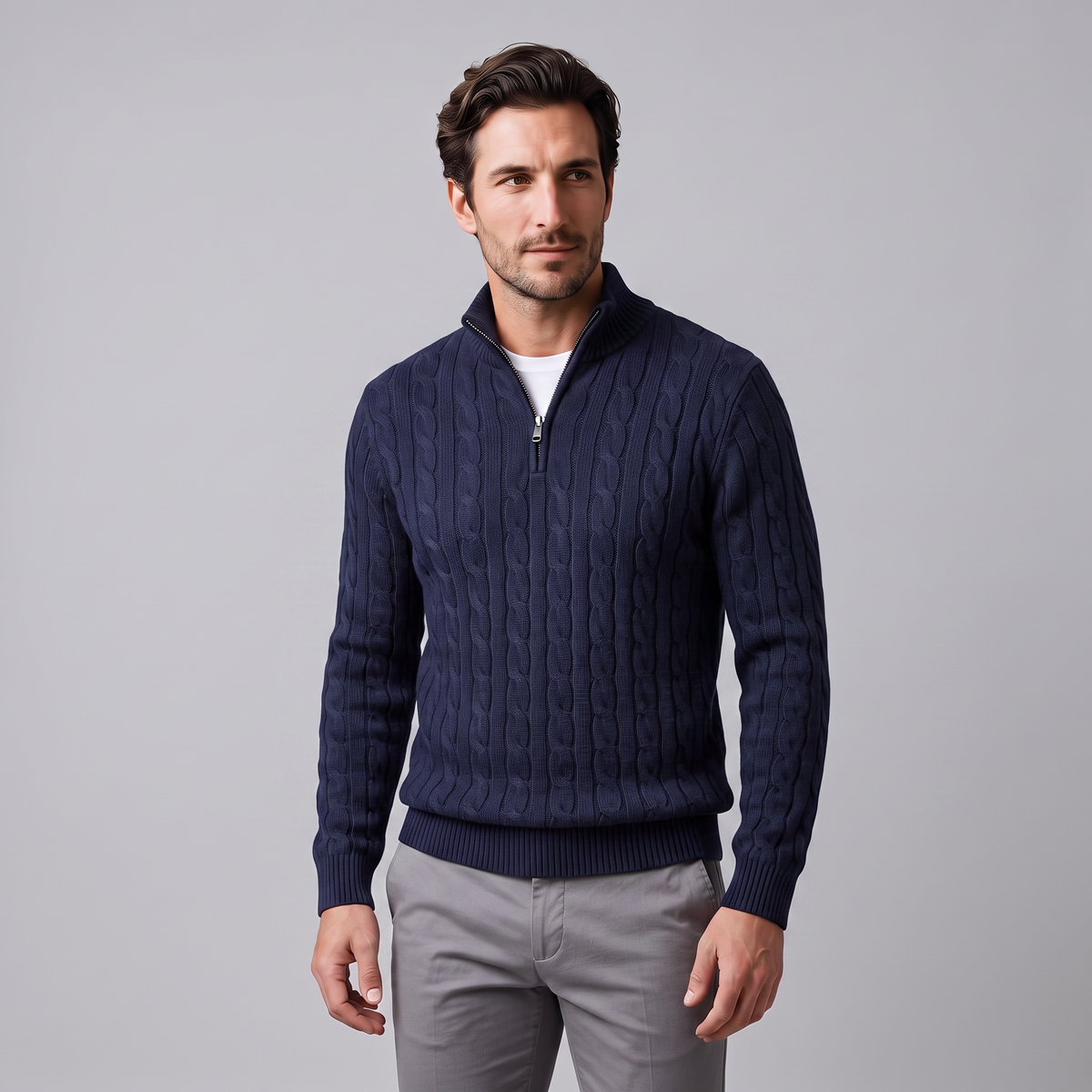 Men's Cable Knit Half-Zip Sweater Textured Knit Long Sleeve Pullover Casual Everyday