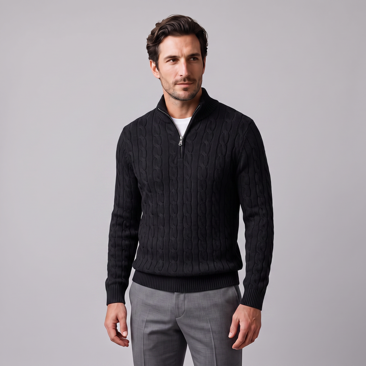 Men's Cable Knit Half-Zip Sweater Textured Knit Long Sleeve Pullover Casual Everyday
