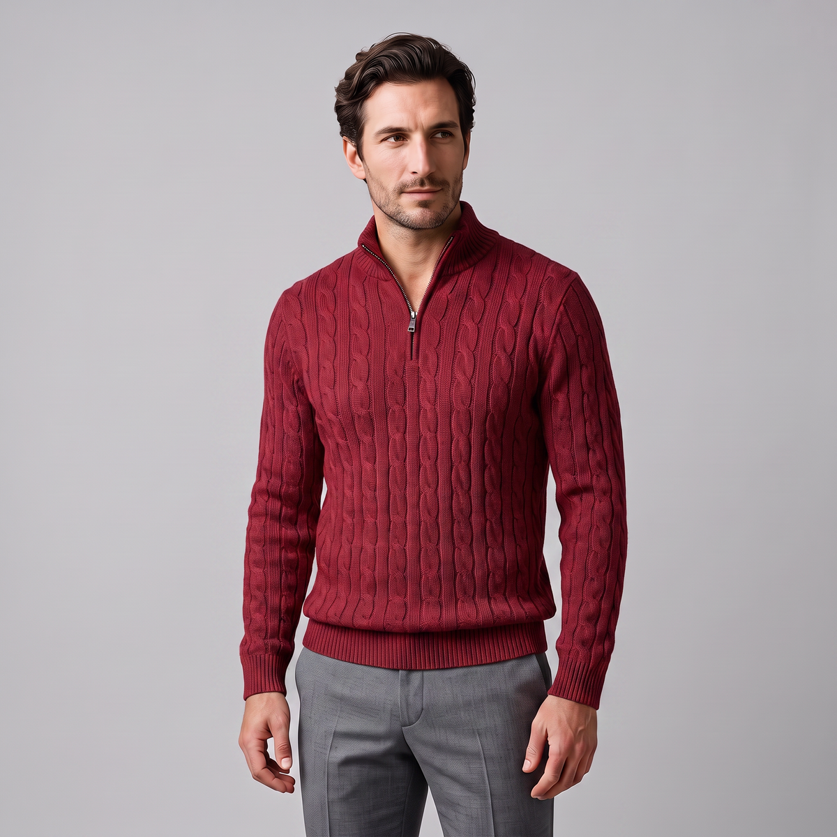 Men's Cable Knit Half-Zip Sweater Textured Knit Long Sleeve Pullover Casual Everyday