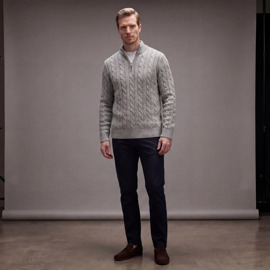 Men's Cable Knit Sweater Quarter Zip Long Sleeve Casual Layering