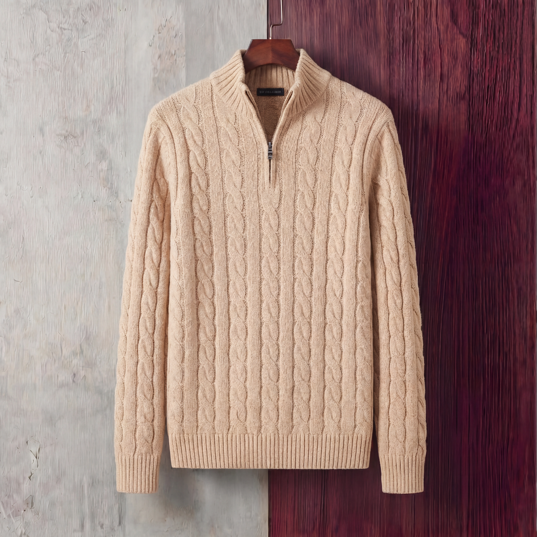 Men's Cable Knit Sweater Quarter Zip Long Sleeve Casual Layering