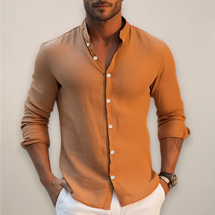 Men's Long Sleeve Band Collar Shirt Relaxed Fit Casual Everyday Versatile