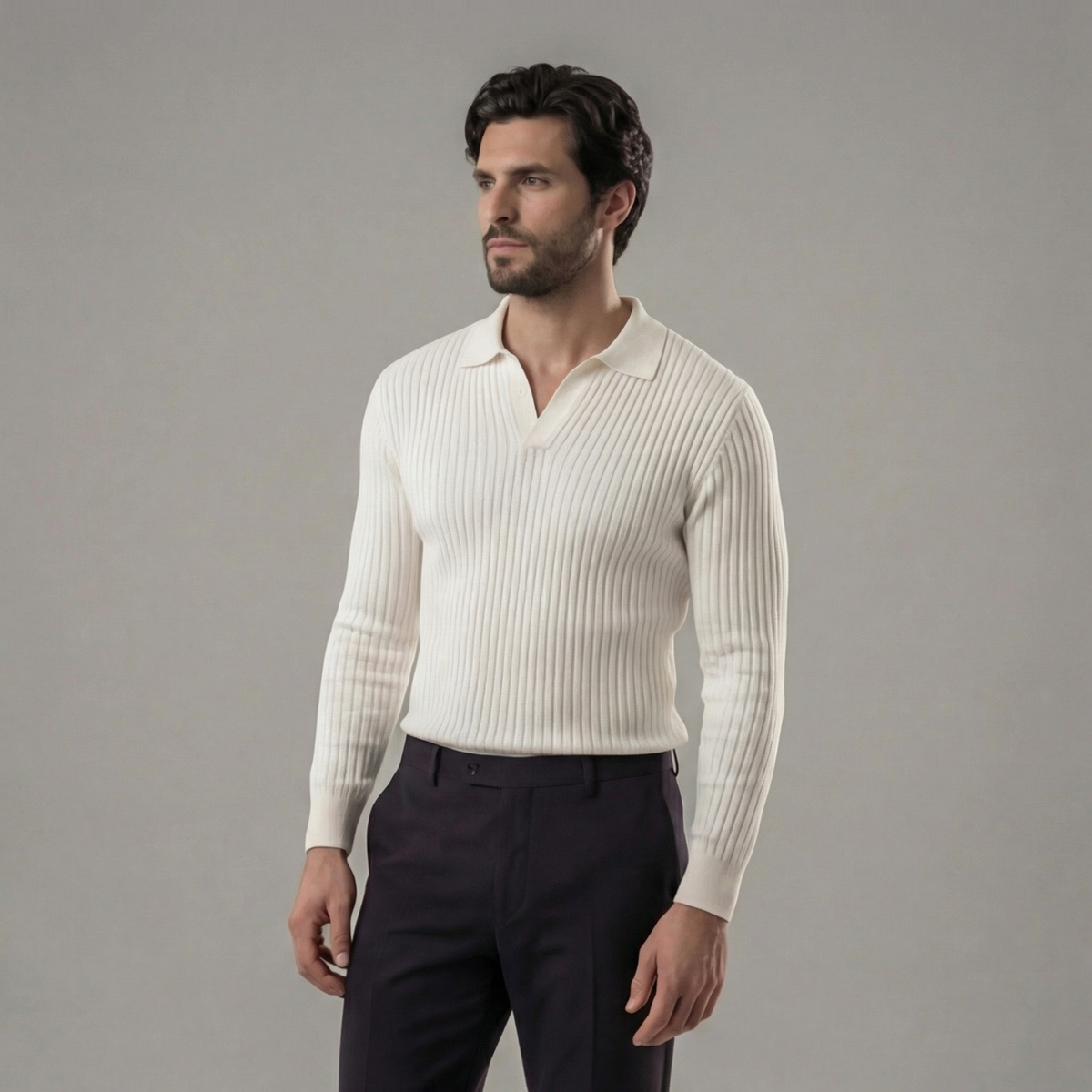 Men's Long Sleeve V-Neck Polo Shirt Casual Fit Stylish Everyday Wear