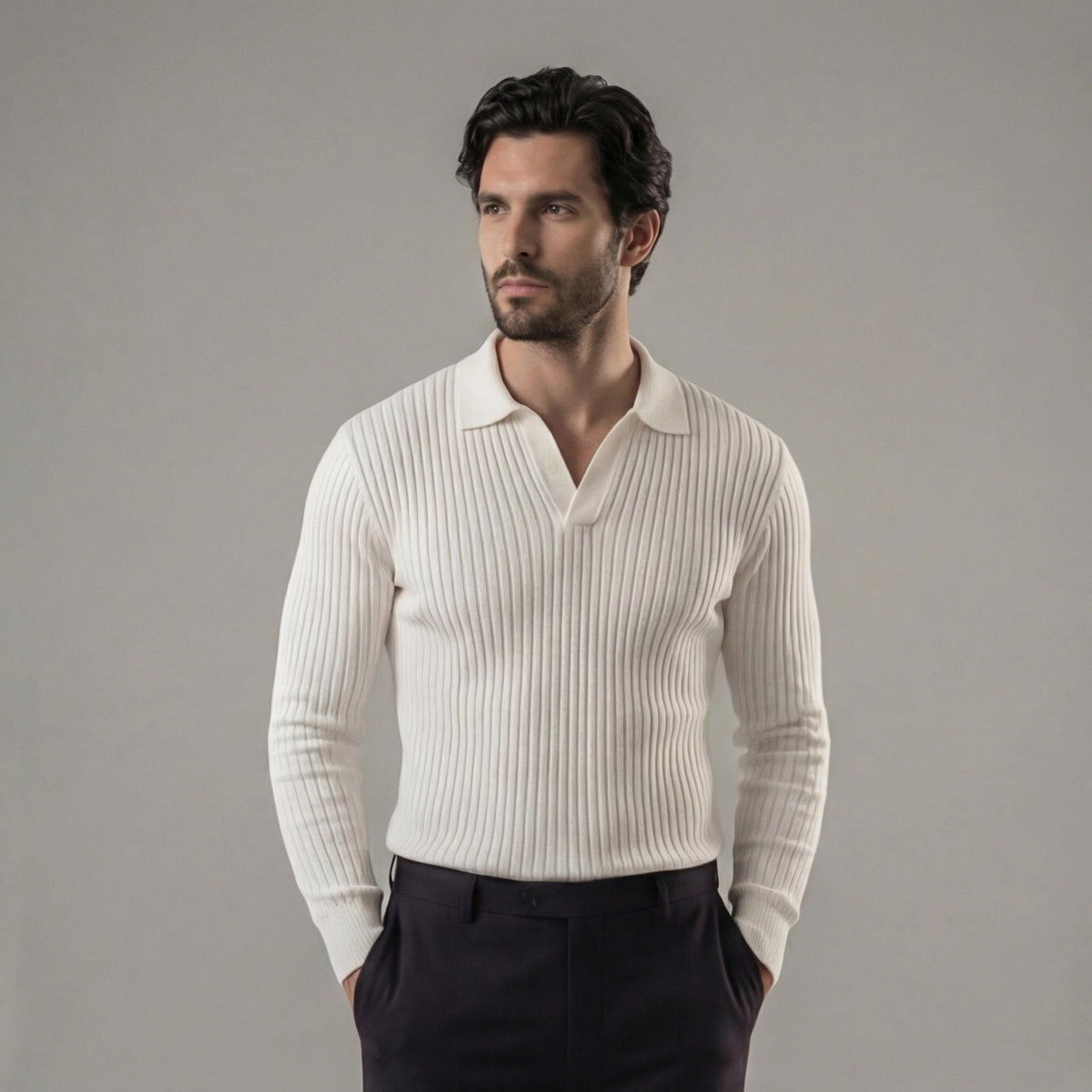 Men's Long Sleeve V-Neck Polo Shirt Casual Fit Stylish Everyday Wear