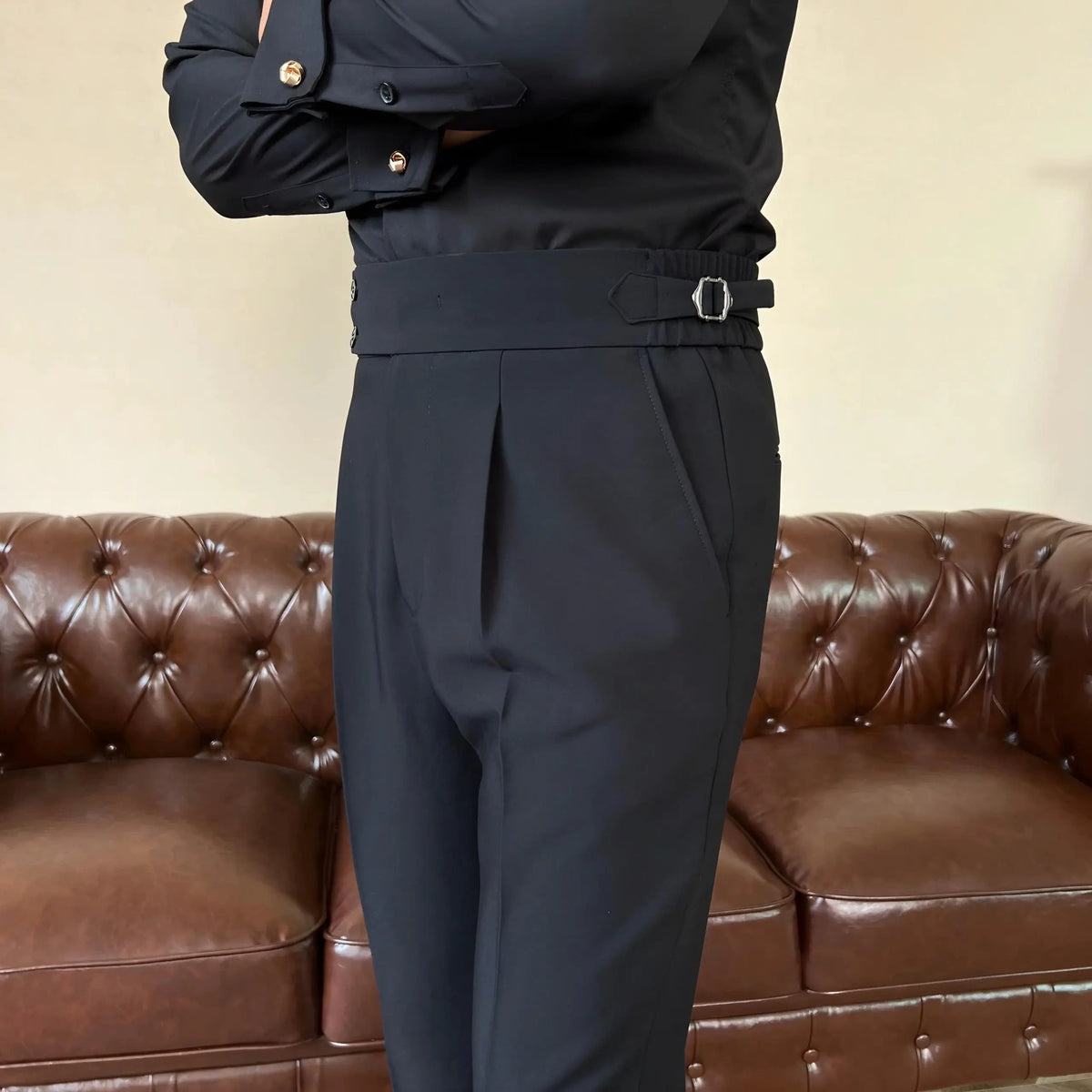 Men's Pleated Double Button Trousers Tailored Fit Formal Wear Classic Style