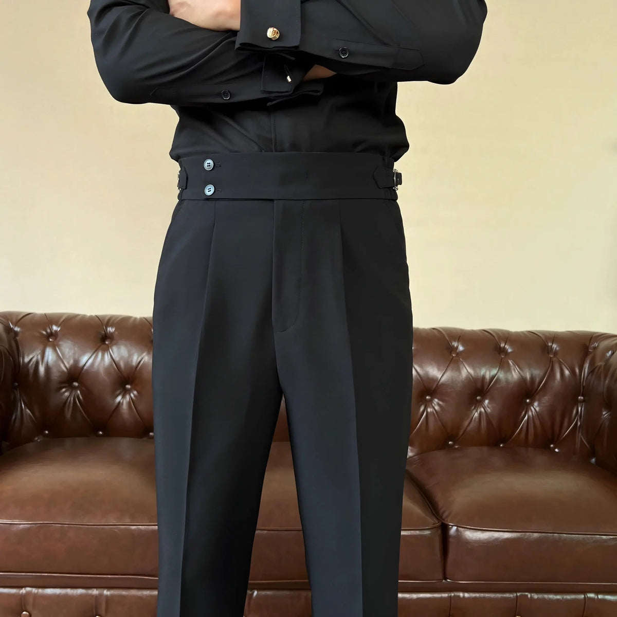 Men's Pleated Double Button Trousers Tailored Fit Formal Wear Classic Style