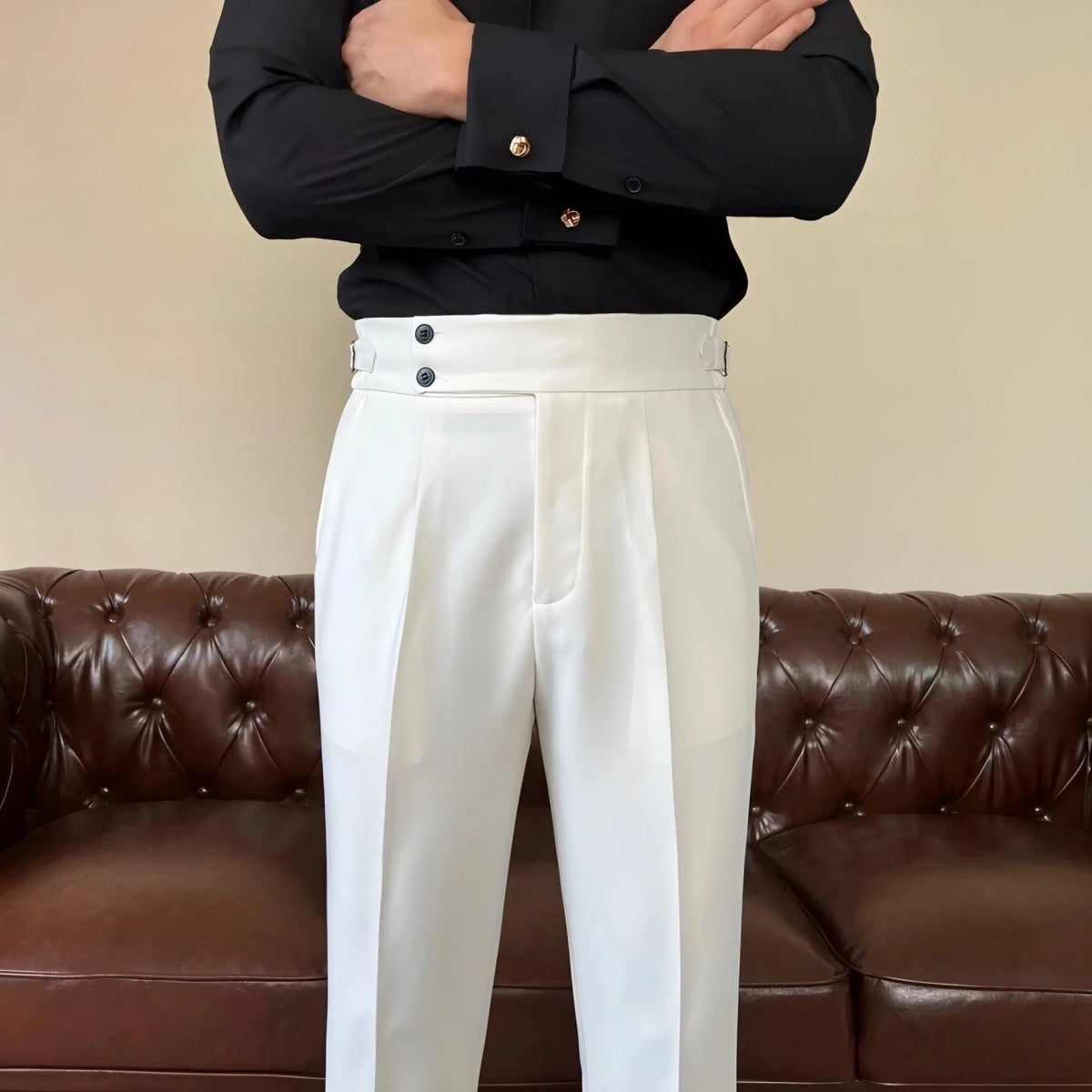 Men's Pleated Double Button Trousers Tailored Fit Formal Wear Classic Style