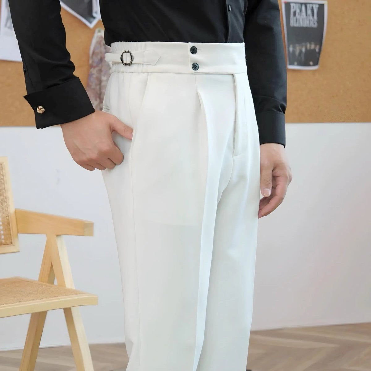 Men's Pleated Double Button Trousers Tailored Fit Formal Wear Classic Style