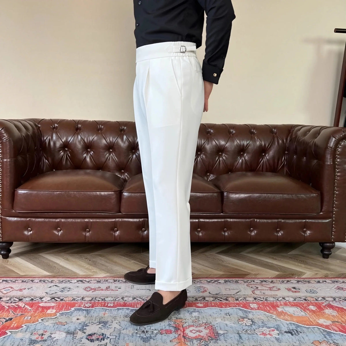 Men's Pleated Double Button Trousers Tailored Fit Formal Wear Classic Style