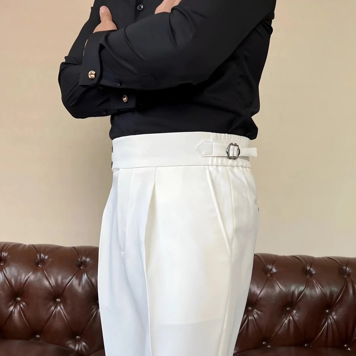Men's Pleated Double Button Trousers Tailored Fit Formal Wear Classic Style