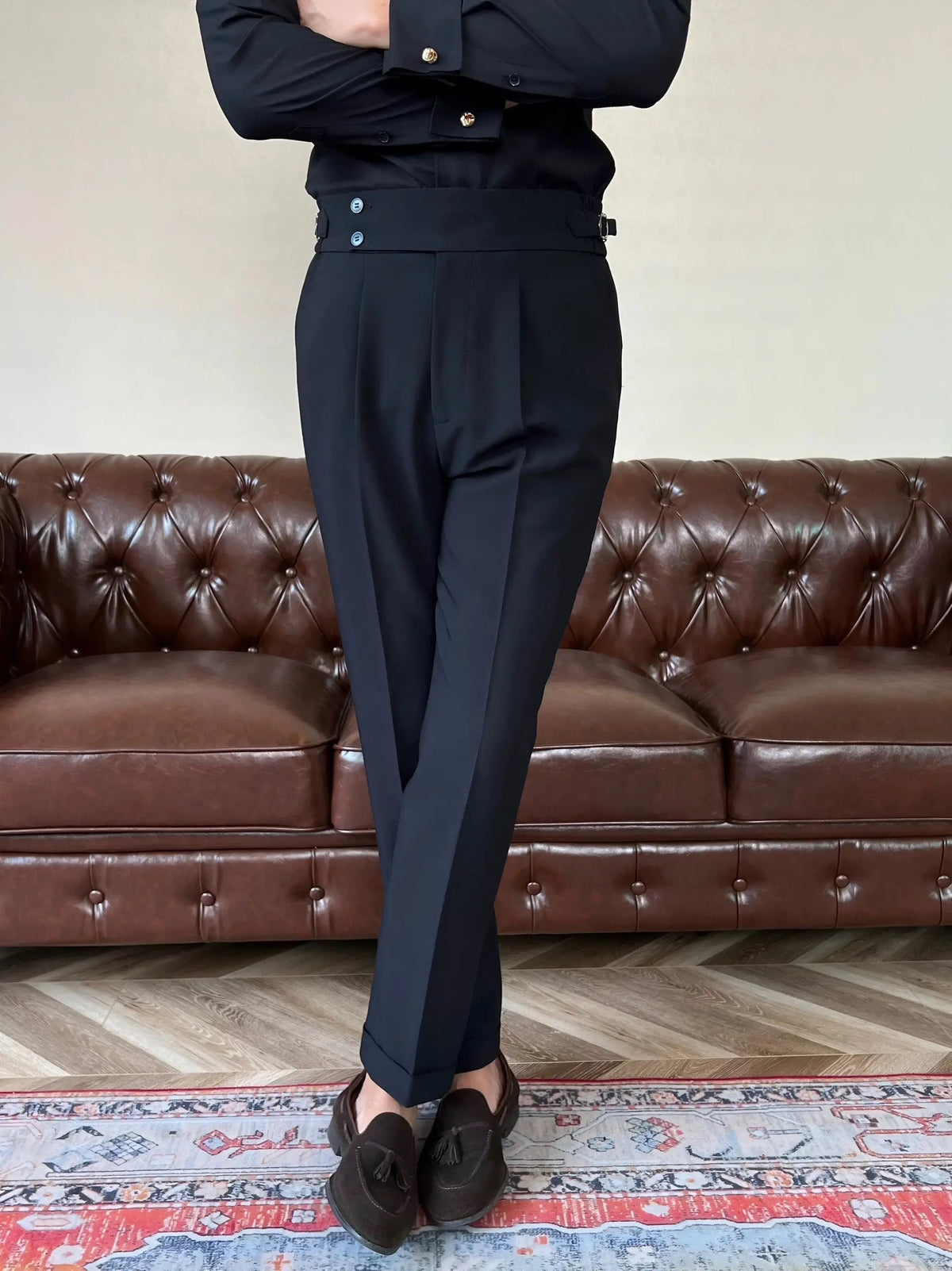 Men's Pleated Double Button Trousers Tailored Fit Formal Wear Classic Style