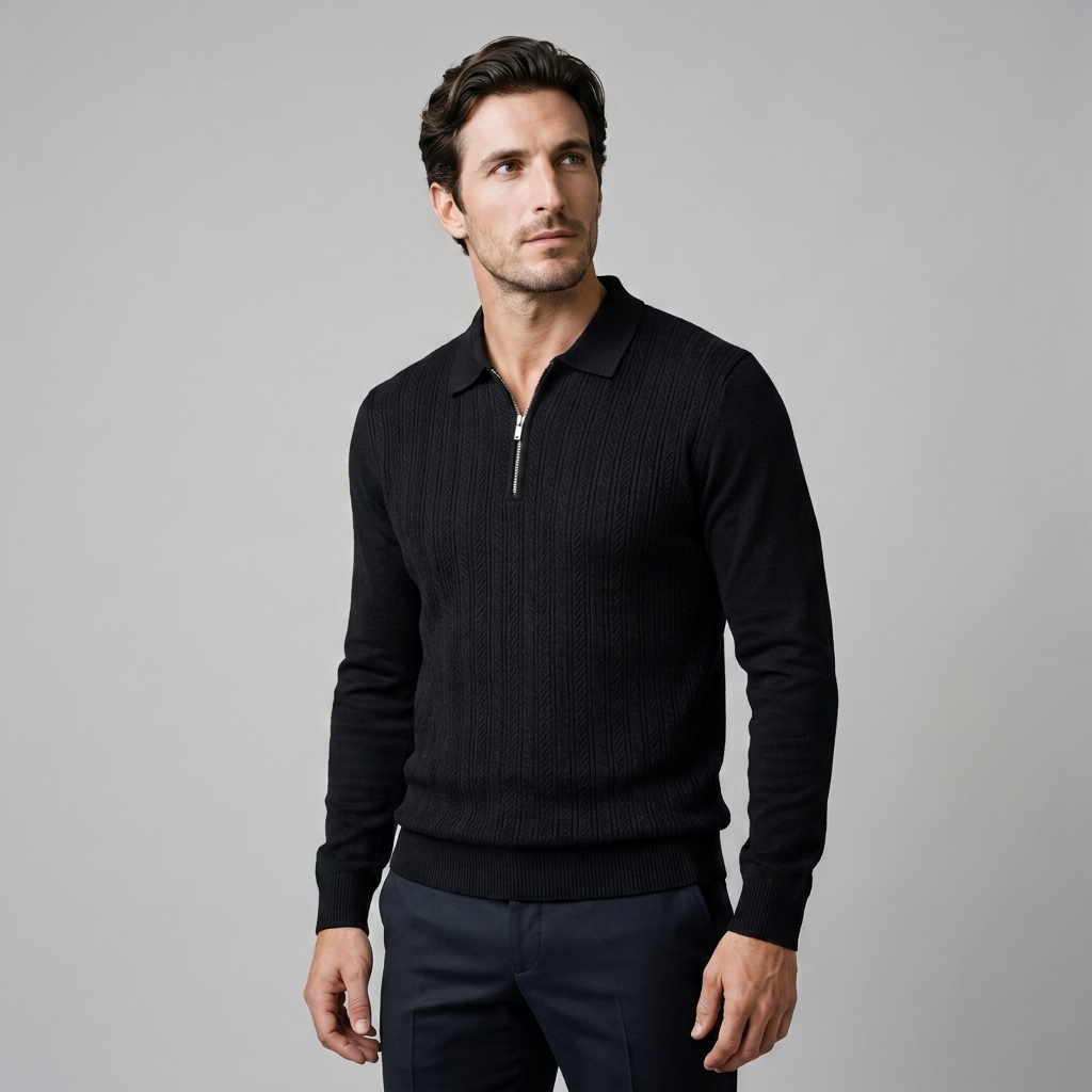 Men's Ribbed Knit Polo Shirt Short Sleeve Zipper Closure Casual Everyday