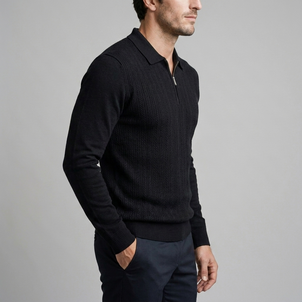 Men's Ribbed Knit Polo Shirt Short Sleeve Zipper Closure Casual Everyday