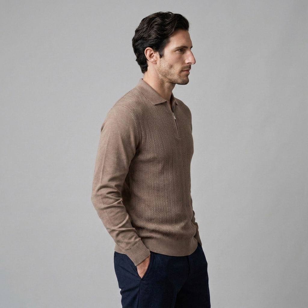 Men's Ribbed Knit Polo Shirt Short Sleeve Zipper Closure Casual Everyday