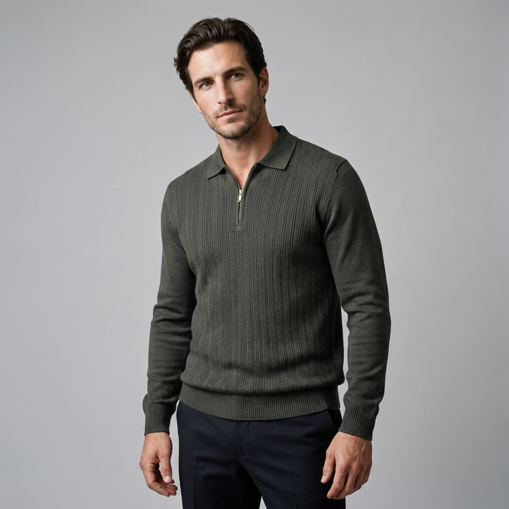 Men's Ribbed Knit Polo Shirt Short Sleeve Zipper Closure Casual Everyday