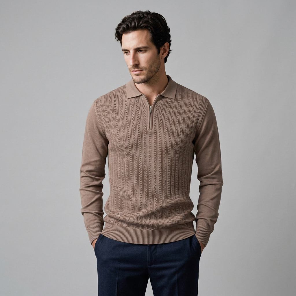 Men's Ribbed Knit Polo Shirt Short Sleeve Zipper Closure Casual Everyday