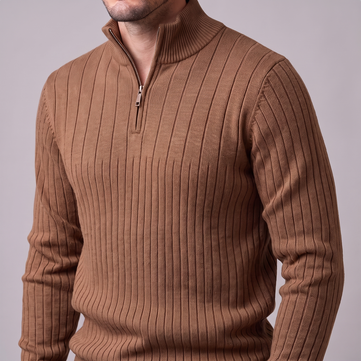 Men's Ribbed Half-Zip Sweater Relaxed Fit Long Sleeve Casual Layering
