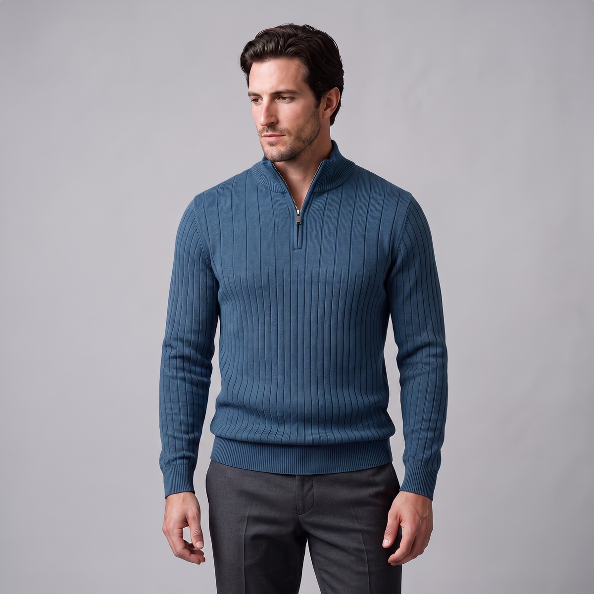 Men's Ribbed Half-Zip Sweater Relaxed Fit Long Sleeve Casual Layering