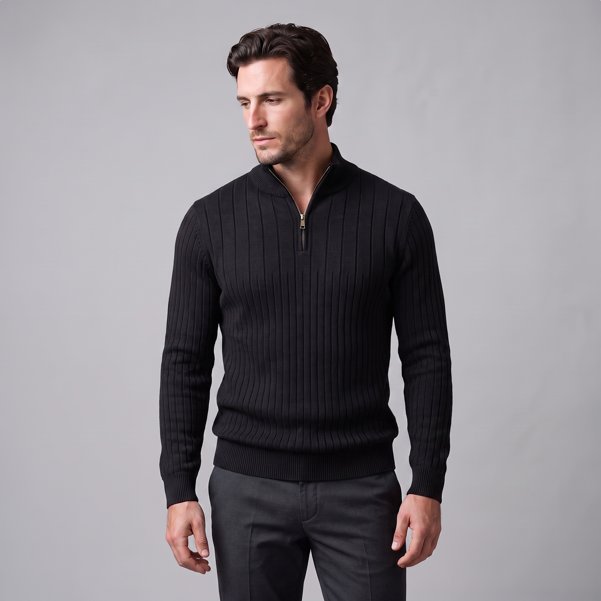 Men's Ribbed Half-Zip Sweater Relaxed Fit Long Sleeve Casual Layering