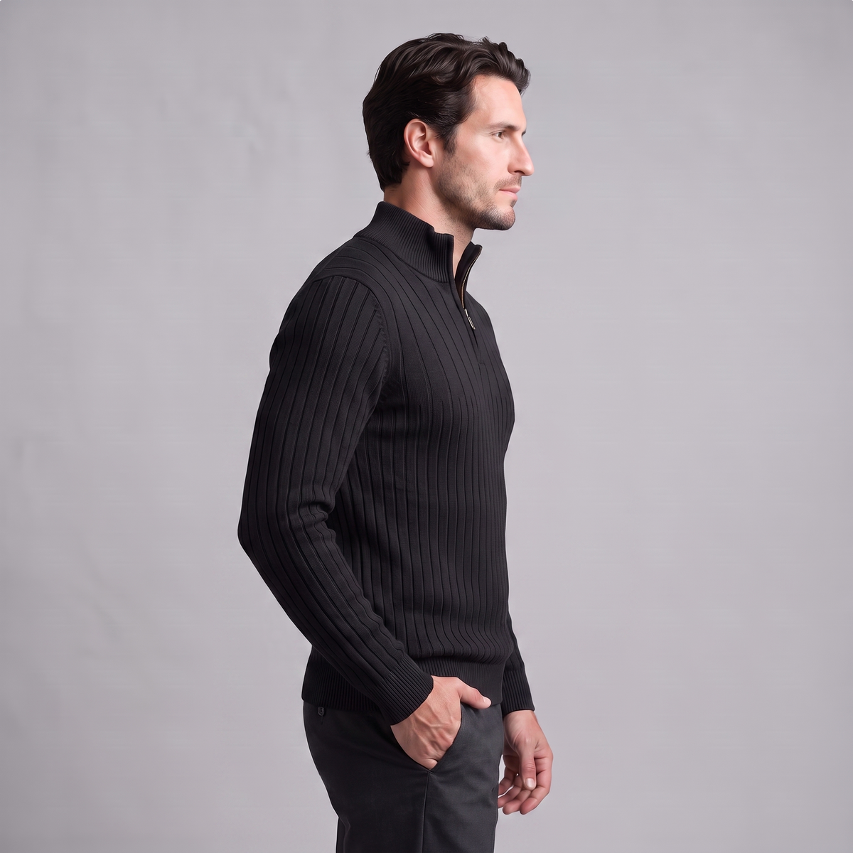 Men's Ribbed Half-Zip Sweater Relaxed Fit Long Sleeve Casual Layering