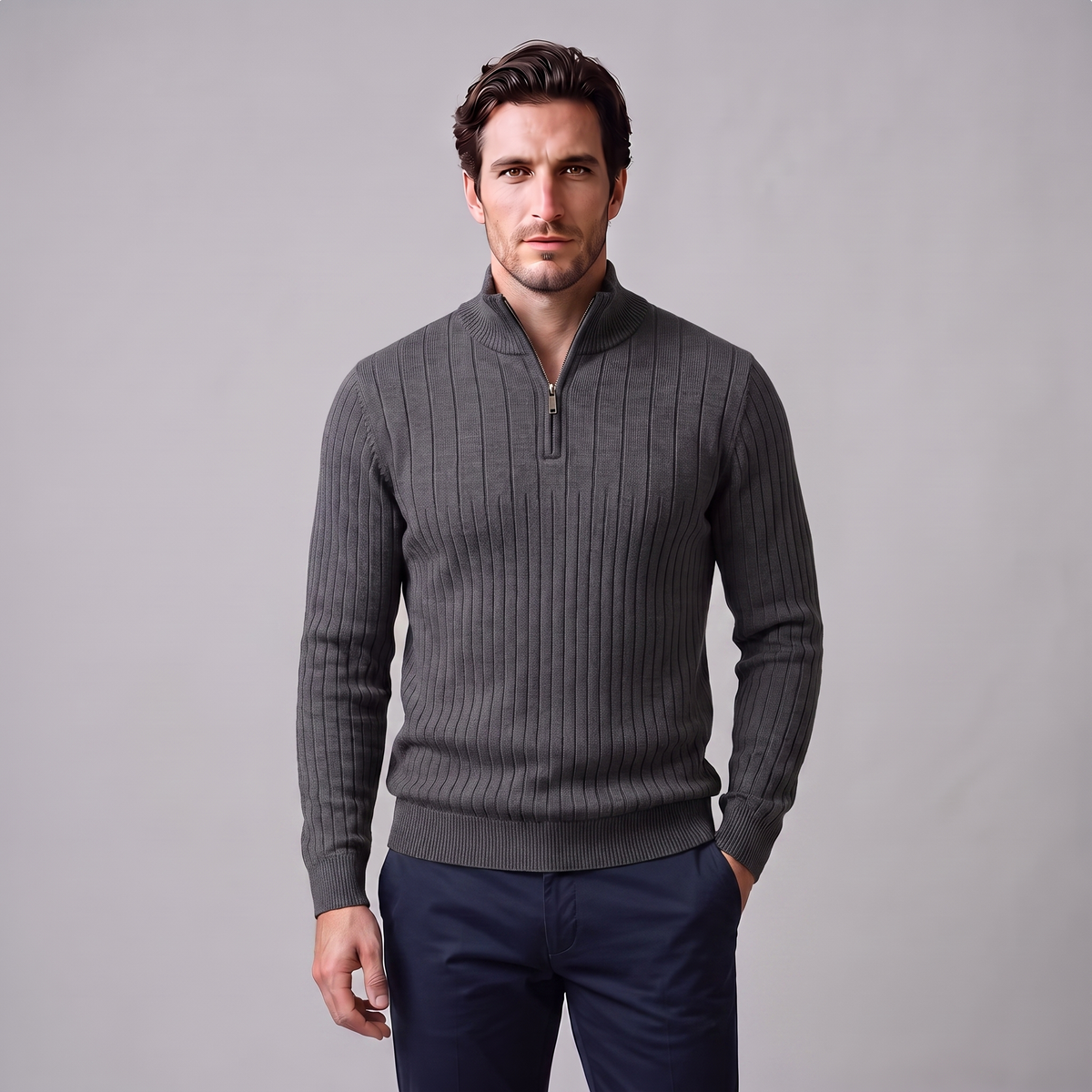 Men's Ribbed Half-Zip Sweater Relaxed Fit Long Sleeve Casual Layering
