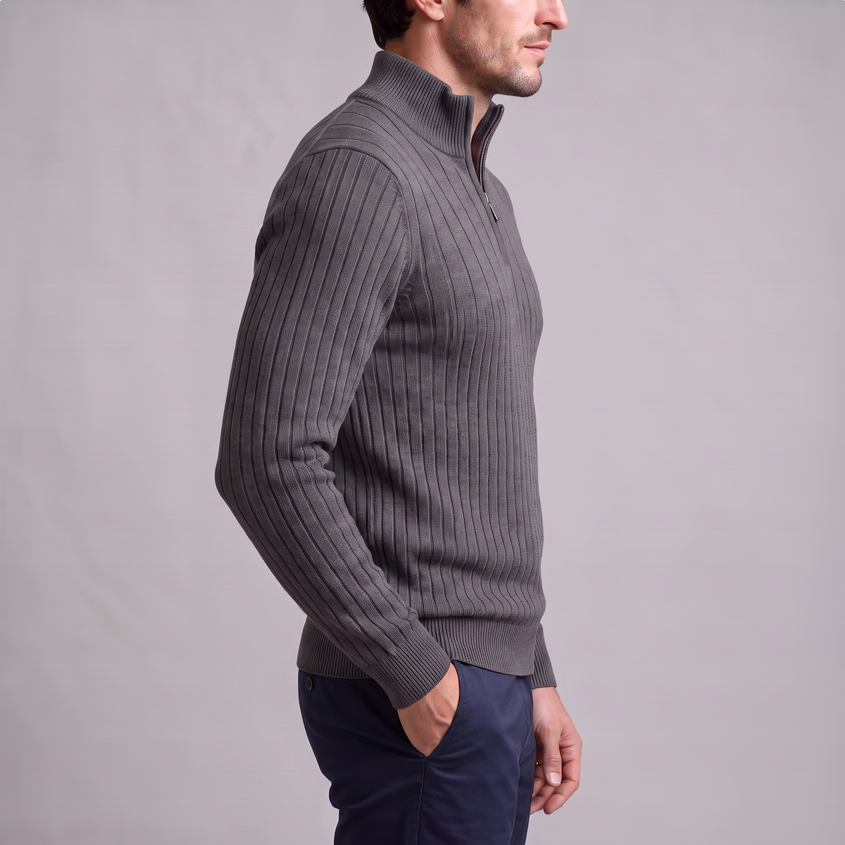Men's Ribbed Half-Zip Sweater Relaxed Fit Long Sleeve Casual Layering