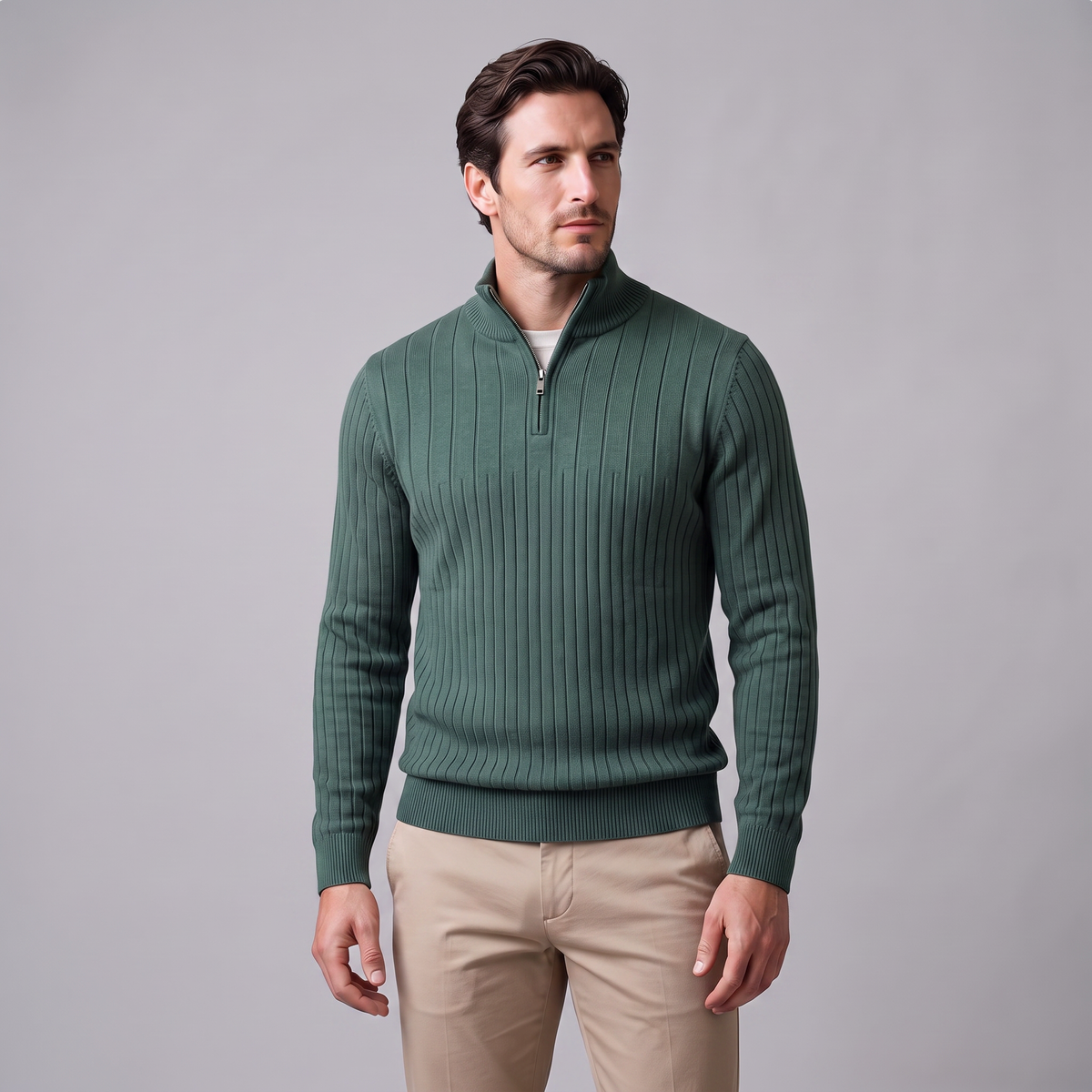 Men's Ribbed Half-Zip Sweater Relaxed Fit Long Sleeve Casual Layering