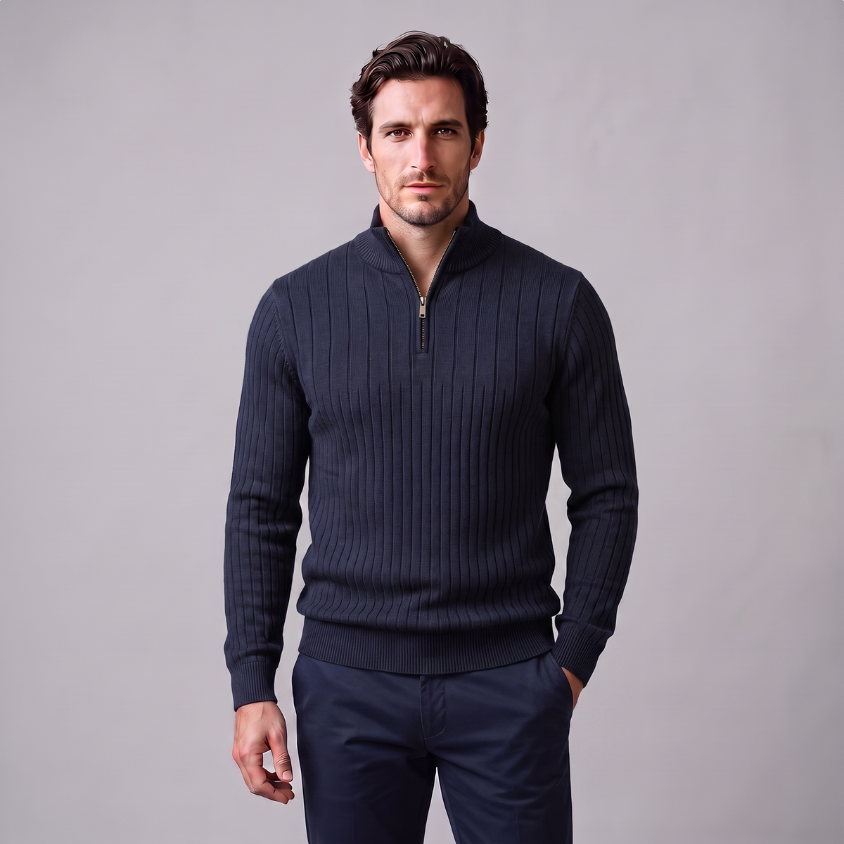 Men's Ribbed Half-Zip Sweater Relaxed Fit Long Sleeve Casual Layering