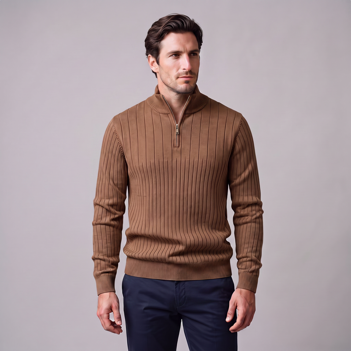 Men's Ribbed Half-Zip Sweater Relaxed Fit Long Sleeve Casual Layering