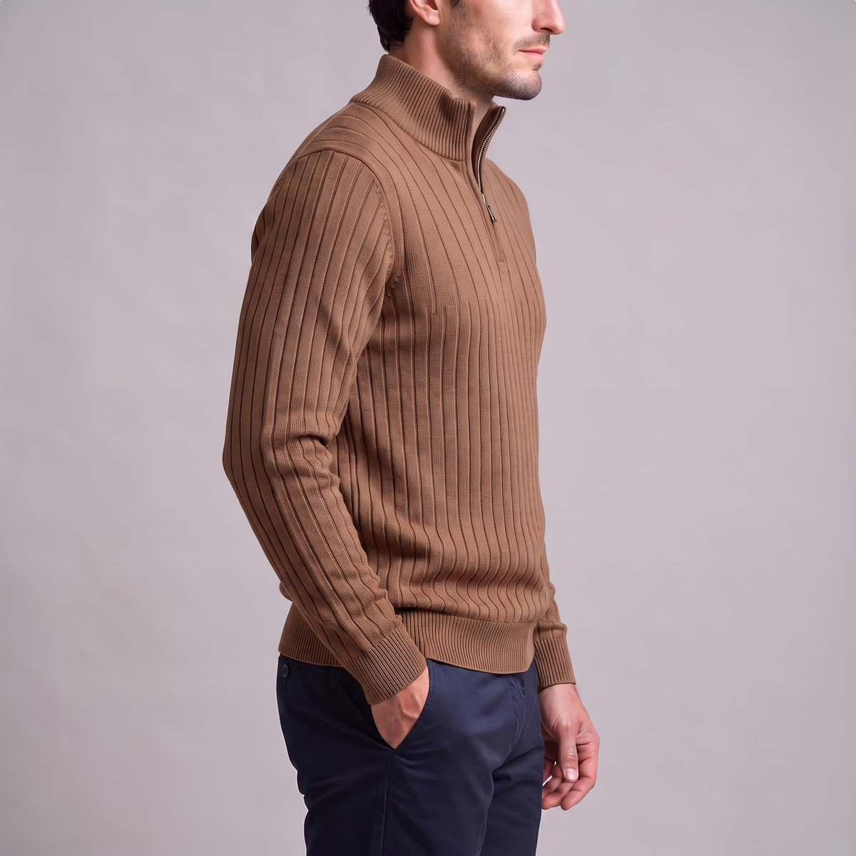 Men's Ribbed Half-Zip Sweater Relaxed Fit Long Sleeve Casual Layering