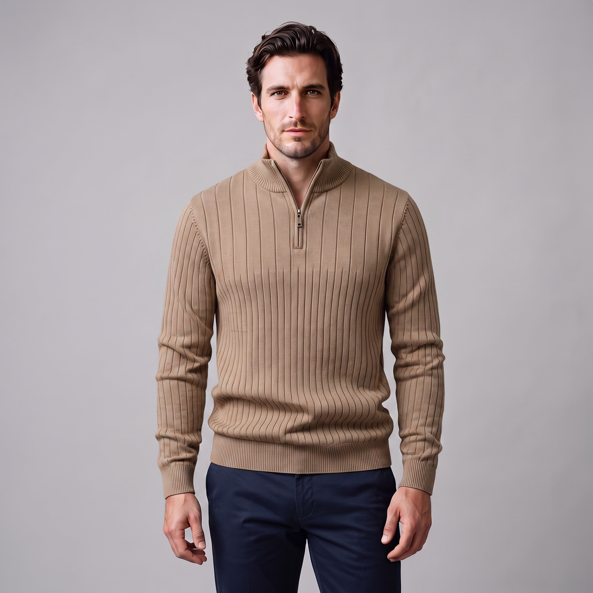 Men's Ribbed Half-Zip Sweater Relaxed Fit Long Sleeve Casual Layering
