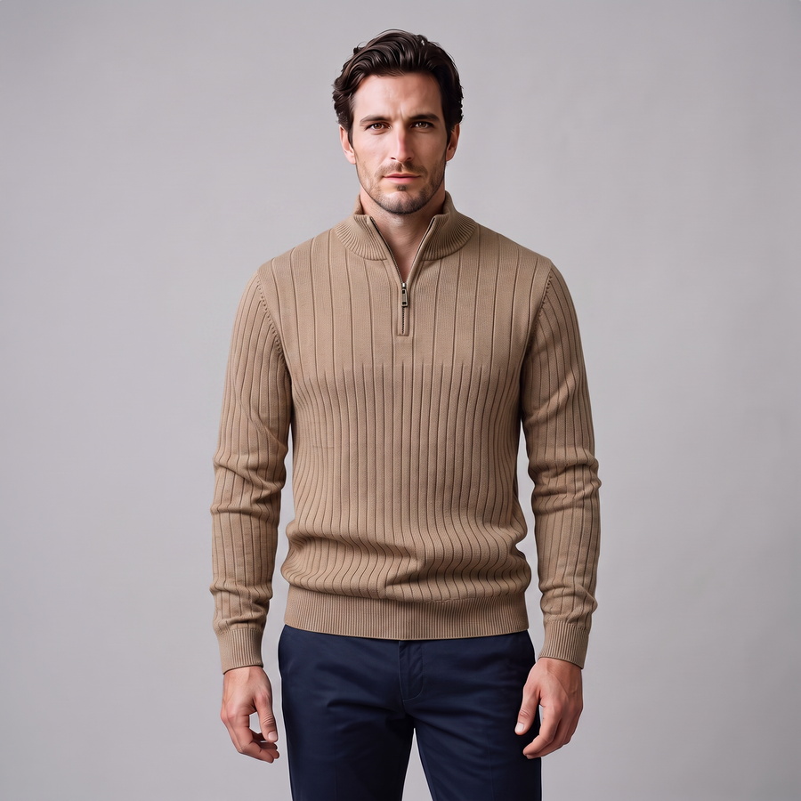 Men's Ribbed Half-Zip Sweater Relaxed Fit Long Sleeve Casual Layering
