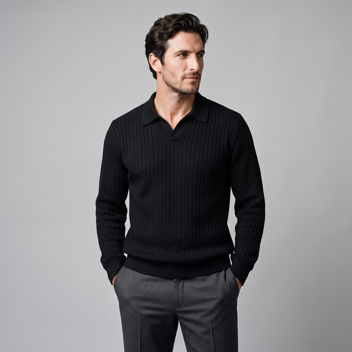 Men's Ribbed Knit Polo Sweater Short-Sleeve Collared Casual Everyday