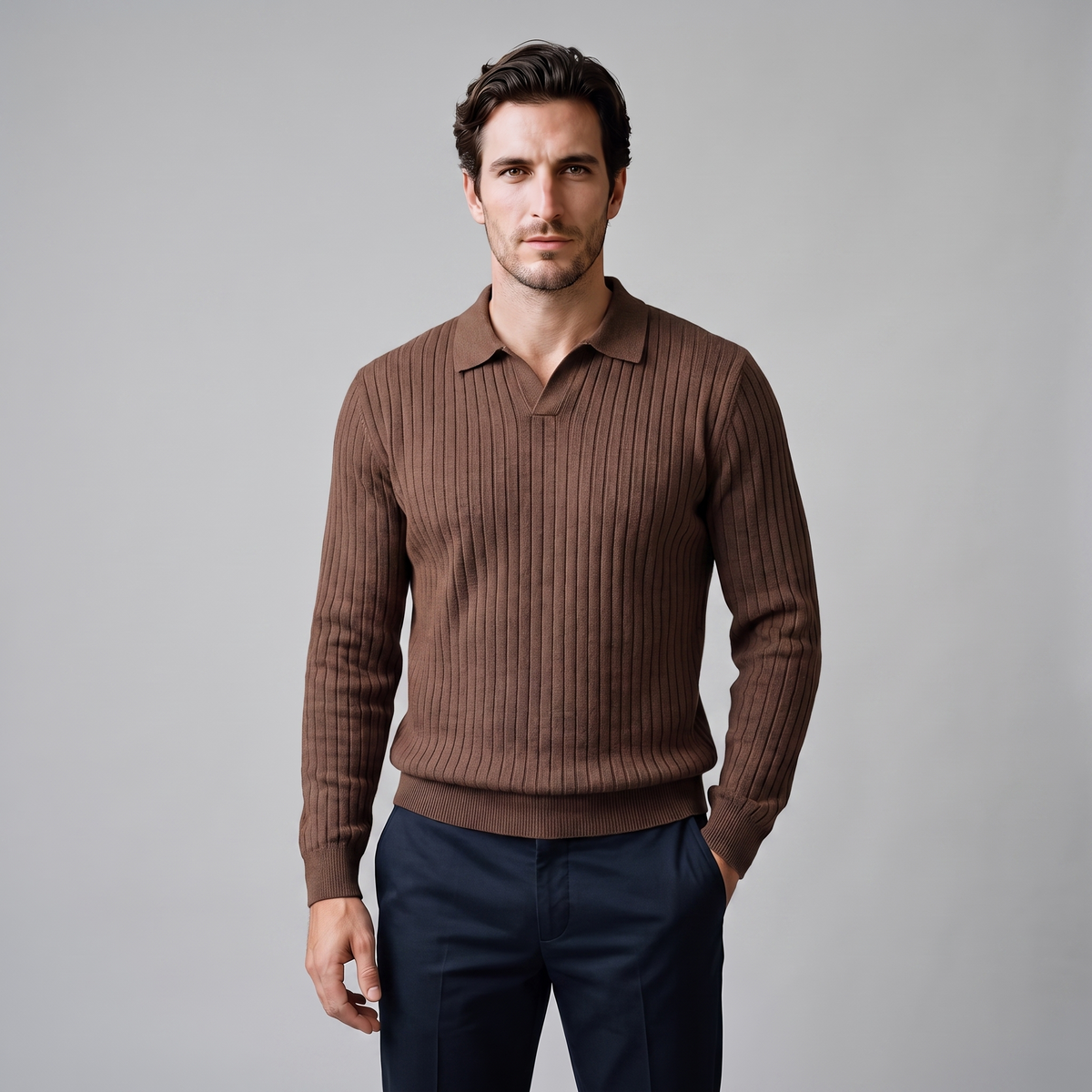 Men's Ribbed Knit Polo Sweater Short-Sleeve Collared Casual Everyday