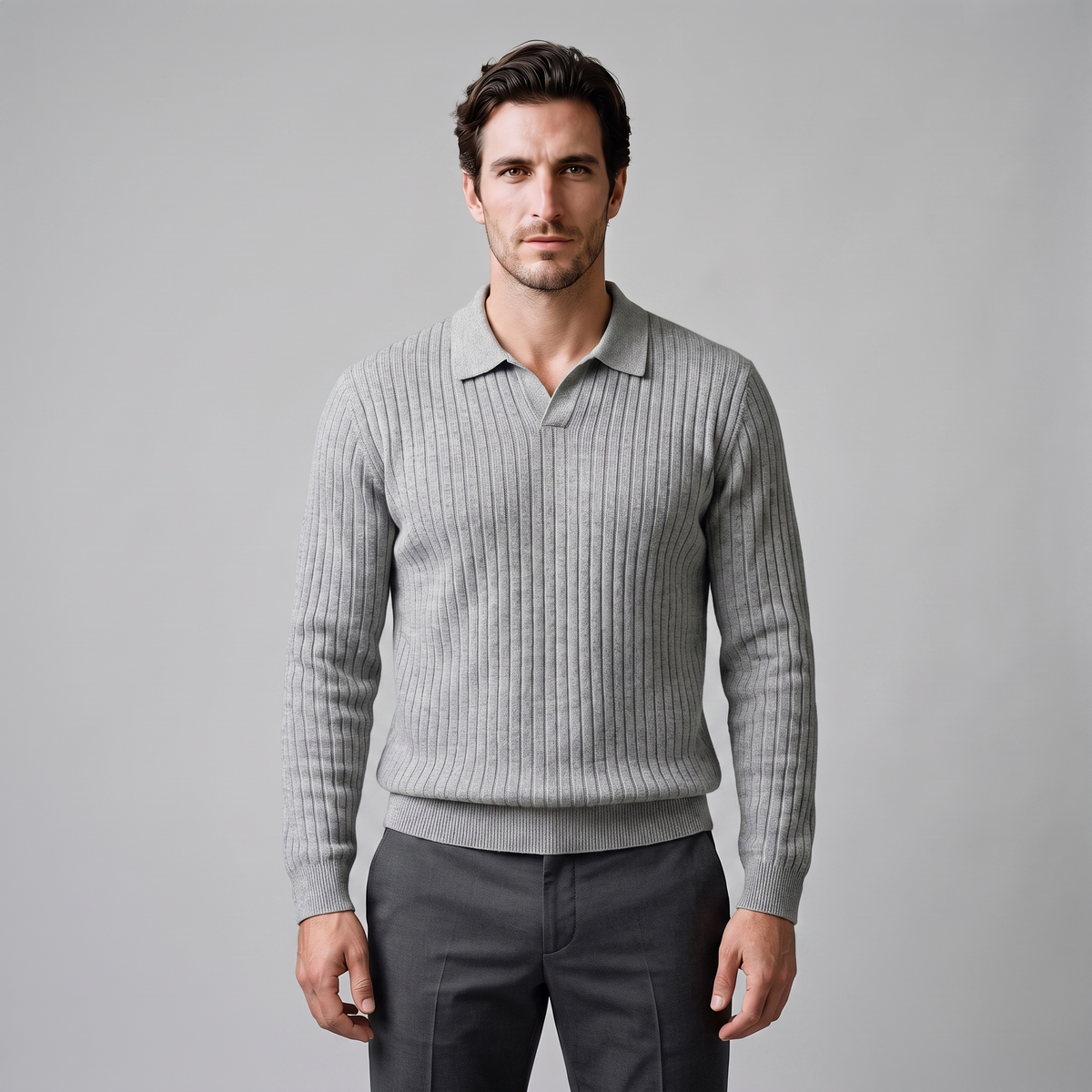 Men's Ribbed Knit Polo Sweater Short-Sleeve Collared Casual Everyday
