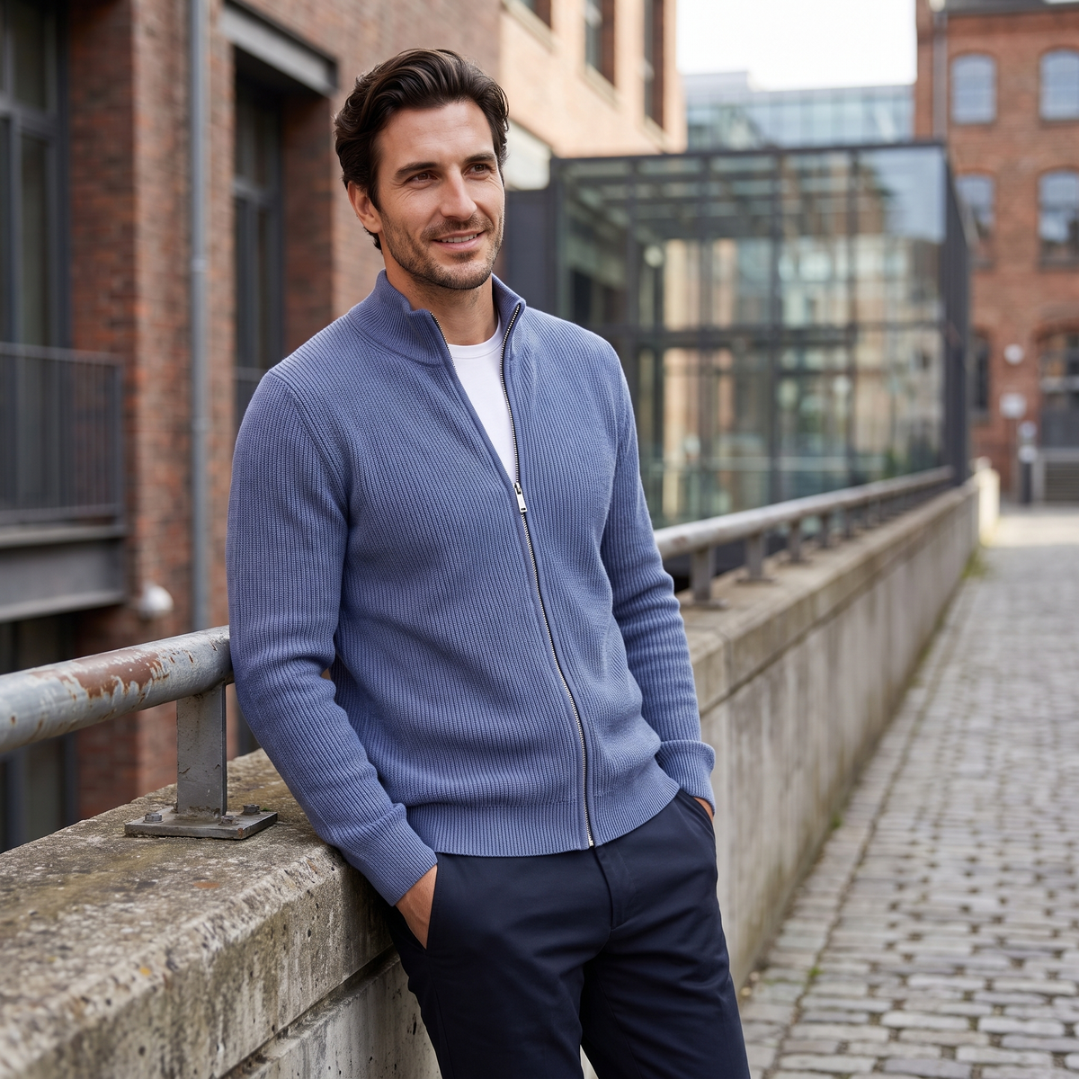 Men's Ribbed Knit Full-Zip Cardigan Relaxed Fit Long Sleeve Casual Layering