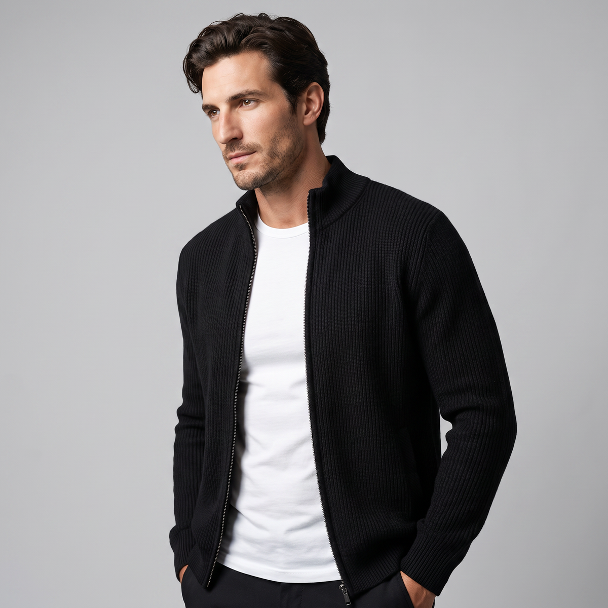 Men's Ribbed Knit Full-Zip Cardigan Relaxed Fit Long Sleeve Casual Layering