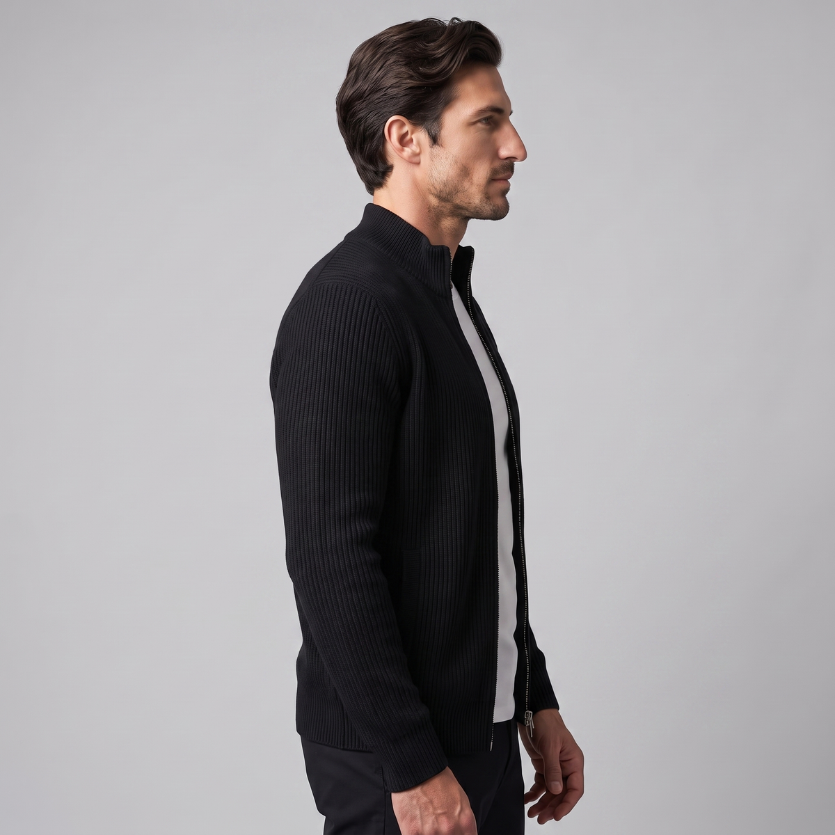Men's Ribbed Knit Full-Zip Cardigan Relaxed Fit Long Sleeve Casual Layering