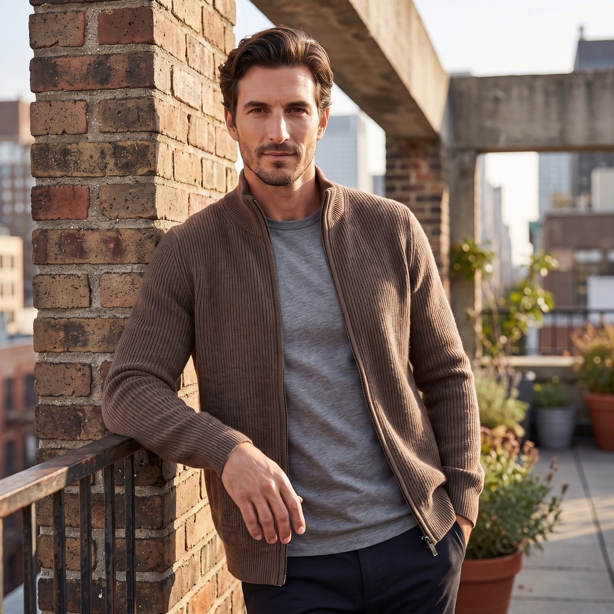 Men's Ribbed Knit Full-Zip Cardigan Relaxed Fit Long Sleeve Casual Layering